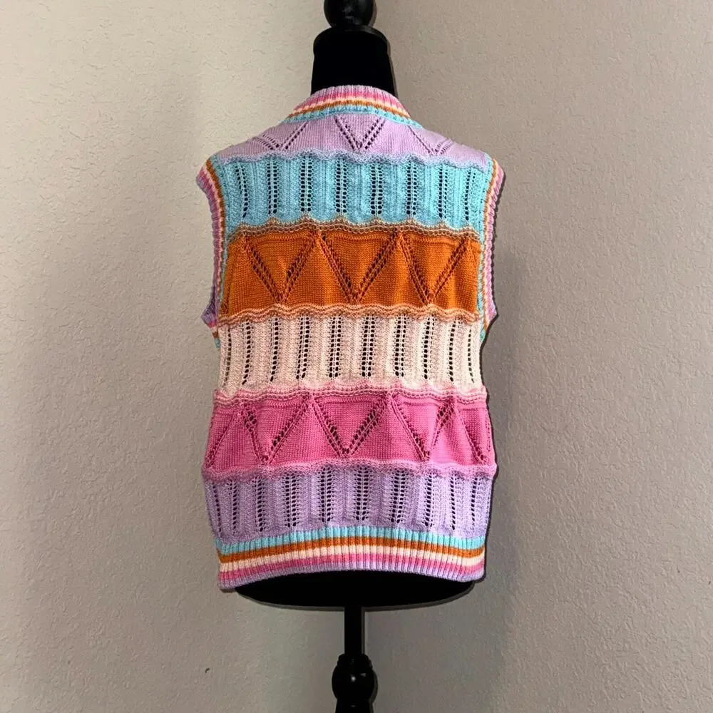 Grace & Karma Short Sleeve Sweater Women's XL Multicolor Striped Crochet Knitted